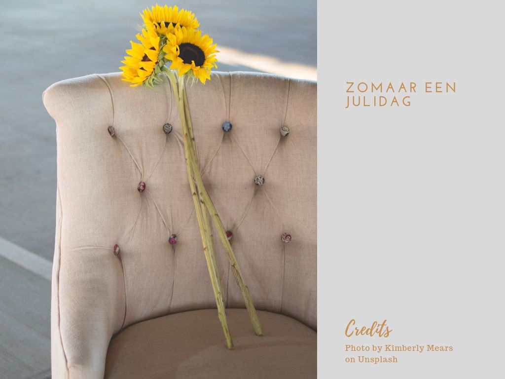 Foto van zonnebloemen op een fauteuil.